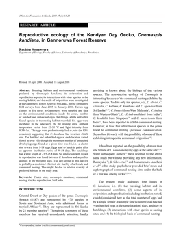 Reproductive Ecology of the Kandyan Day Gecko, Cnemaspis Kandiana, in Gannoruwa Forest Reserve