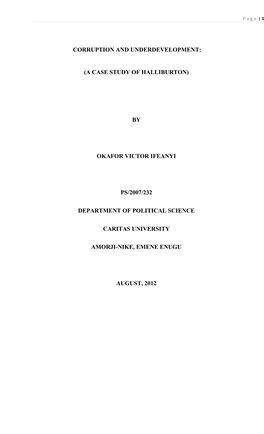 Corruption and Underdevelopment: (A Case Study of Halliburton) by Okafor Victor Ifeanyi Ps/2007/232 Department of Political Scie