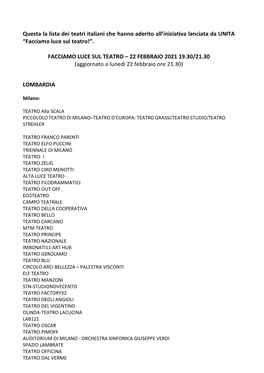 Questa La Lista Dei Teatri Italiani Che Hanno Aderito All'iniziativa Lanciata Da UNITA “Facciamo Luce Sul Teatro!”. FACCI