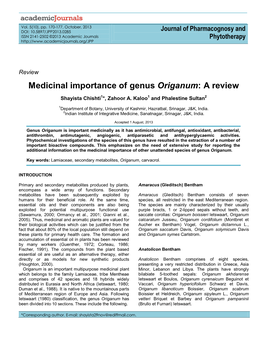 Medicinal Importance of Genus Origanum: a Review