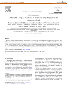 VAPB and C9orf72 Mutations in 1 Familial Amyotrophic Lateral Sclerosis Patient Marka Van Blitterswijka, Michael A