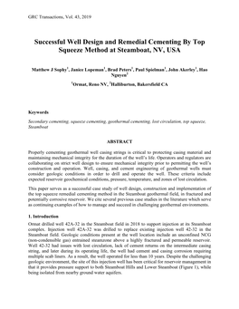 Successful Well Design and Remedial Cementing by Top Squeeze Method at Steamboat, NV, USA