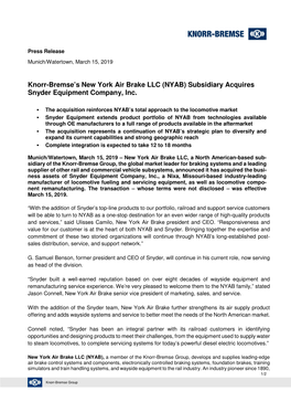 Knorr-Bremse's New York Air Brake LLC (NYAB) Subsidiary Acquires Snyder Equipment Company, Inc