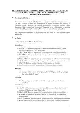 Minutes of the Waterberg District Municipality Ordinary Council Meeting Held on the 31St March 2014 at 11H00, Wdm Council Chamber