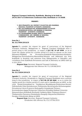 Regional Transport Authority, Kozhikode, Meeting to Be Held on 24/01/2017 at Collectorate Conference Hall, Kozhikode at 10.30AM