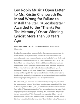 Leo Robin Music's Open Letter to Ms. Kristin Chenoweth Re: Moral Wrong