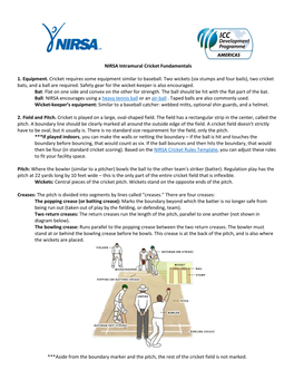 NIRSA Intramural Cricket Fundamentals 1. Equipment. Cricket Requires Some Equipment Similar to Baseball. Two Wickets (Six Stumps