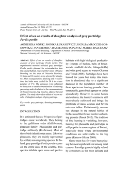 Effect of Sex on Results of Slaughter Analysis of Grey Partridge Perdix