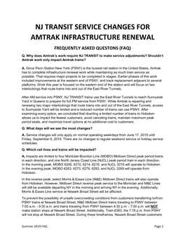 Nj Transit Service Changes for Amtrak Infrastructure Renewal Frequently Asked Questons (Faq)