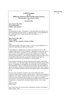 A Brief Exchange ↓ on the Difference Between Labor and the Labor Process That Took Place on the Aut-Op-Sy Listserv in December 2001