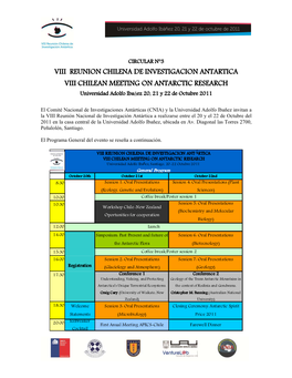 VIII REUNION CHILENA DE INVESTIGACION ANTARTICA VIII CHILEAN MEETING on ANTARCTIC RESEARCH Universidad Adolfo Ibañez 20, 21 Y 22 De Octubre 2011