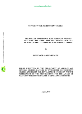 The Role of Traditional Bone Setting in Primary Fracture Care in the Upper West Region: the Cases of Jonga, Gwollu and Doung Bone-Setting Centres