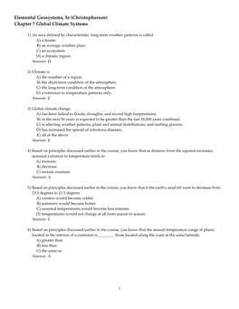 Elemental Geosystems, 5E (Christopherson) Chapter 7 Global Climate Systems