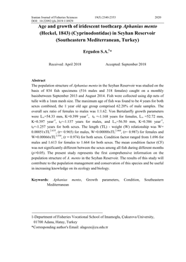 Age and Growth of Iridescent Toothcarp Aphanius Mento (Heckel, 1843) (Cyprinodontidae) in Seyhan Reservoir (Southeastern Mediterranean, Turkey)