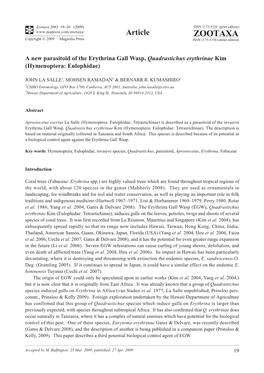 Zootaxa, a New Parasitoid of the Erythrina Gall Wasp, Quadrastichus