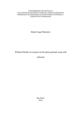 Daniel Lago Monteiro William Hazlitt, an Essayist on the Plain-Ground