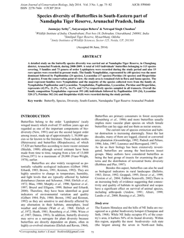 Species Diversity of Butterflies in South-Eastern Part of Namdapha Tiger Reserve, Arunachal Pradesh, India