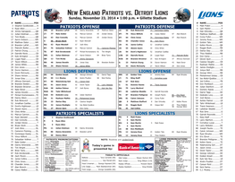 New England Patriots Vs. Detroit Lions Sunday, November 23, 2014 • 1:00 P.M