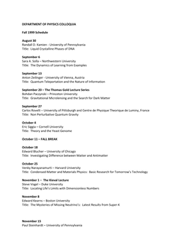 DEPARTMENT of PHYSICS COLLOQUIA Fall 1999 Schedule