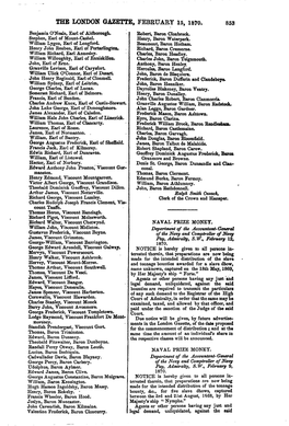 THE LONDON GAZETTE, FEBRUARY 15, 1870. 853 Benjamin O'neale, Earl of Aldborough
