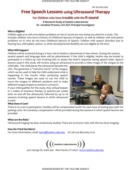 Free Speech Lessons Using Ultrasound Therapy for Children Who Have Trouble with the R Sound a Research Study at Haskins Laboratories Dr