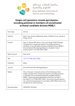 Single‐Cell Genomics Reveals Pyrrolysine‐Encoding Potential In