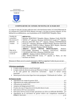 Compte-Rendu Du Conseil Municipal Du 26 Mars 2019