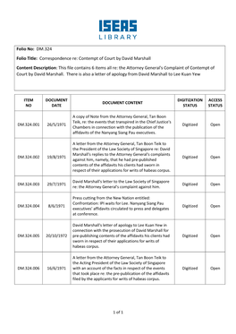 Folio No: DM.324 Folio Title: Correspondence Re: Contempt of Court by David Marshall Content Description: This File Contains 6