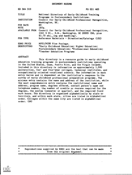 DOCUMENT RESUME ED 364 310 PS 021 483 TITLE National