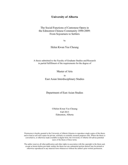 The Social Functions of Cantonese Opera in the Edmonton Chinese Community 1890-2009: from Sojourners to Settlers