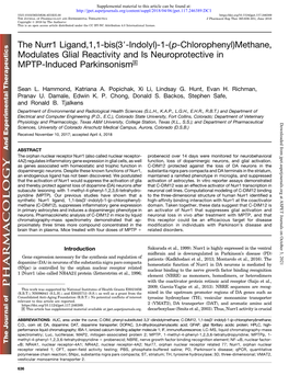 The Nurr1 Ligand,1,1-Bis(3′-Indolyl)-1-(P-Chlorophenyl)Methane, Modulates Glial Reactivity and Is Neuroprotective in MPTP-Indu