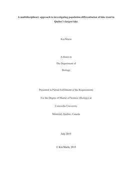 A Multidisciplinary Approach to Investigating Population Differentiation of Lake Trout in Québec’S Largest Lake