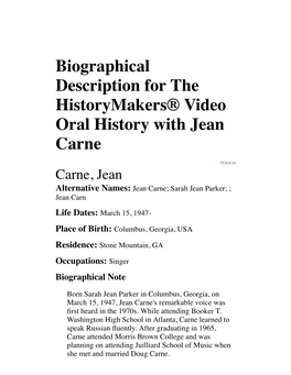 Biographical Description for the Historymakers® Video Oral History with Jean Carne