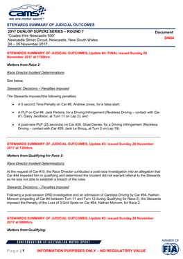 STEWARDS SUMMARY of JUDICIAL OUTCOMES Page | 1