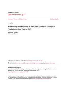 The Ecology and Evolution of Rare, Soil Specialist Astragalus Plants in the Arid Western U.S