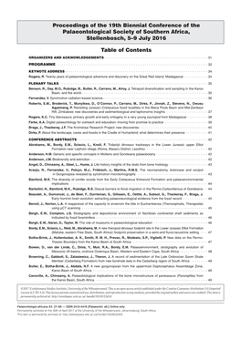 Proceedings of the 19Th Biennial Conference of the Palaeontological Society of Southern Africa, Stellenbosch, 5–9 July 2016