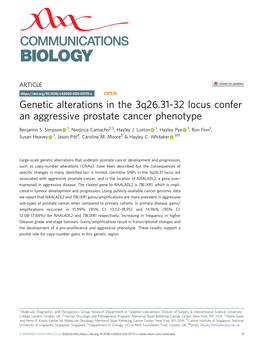 Genetic Alterations in the 3Q26.31-32 Locus Confer an Aggressive Prostate Cancer Phenotype