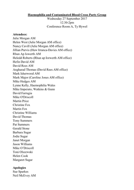 Haemophilia and Contaminated Blood Cross Party Group Wednesday 27 September 2017 12.30-2Pm Conference Room A, Ty Hywel