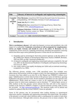 Title Glossary of Interest to Earthquake and Engineering Seismologists 1