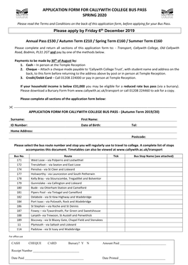 Application Form for Callywith College Bus Pass Spring 2020