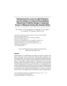 Monitoring the Level of Light Pollution and Its Impact on Astronomical Bodies Naked-Eye Visibility Range in Selected Areas in Malaysia Using Sky Quality Meter