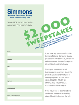 Sweepstakes Drawing, Email Address (Optional) Please Fill out the Form on the Left