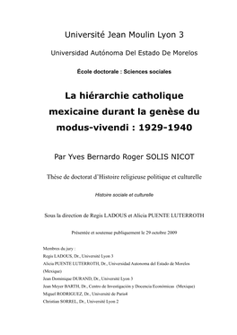 La Hiérarchie Catholique Mexicaine Durant La Genèse Du Modus-Vivendi : 1929-1940