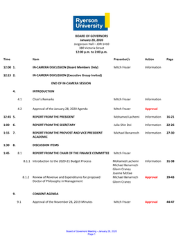 BOARD of GOVERNORS January 28, 2020 Jorgenson Hall – JOR 1410 380 Victoria Street 12:00 P.M