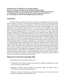 Joint Hurricane Testbed First Year Progress Report Project: Evaluation of Upper Ocean Mixing Parameterizations Introduction: Ob