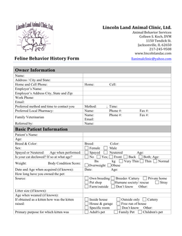 Feline Behavior History Form Llanimalclinic@Yahoo.Com