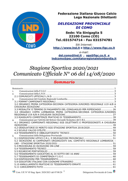 Stagione Sportiva 2020/2021 Comunicato Ufficiale N° 06 Del 14/08/2020