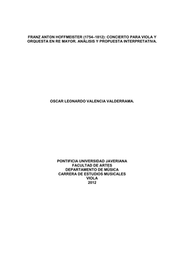 Franz Anton Hoffmeister (1754–1812): Concierto Para Viola Y Orquesta En Re Mayor