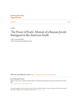 'The Power of Pearls': Memoir of a Russian Jewish Immigrant to the American South