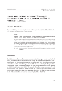 SMALL TERRESTRIAL MAMMALS' (Eulipotyphla, Rodentia) SYNUSIA of SELECTED LOCALITIES in WESTERN SLOVAKIA